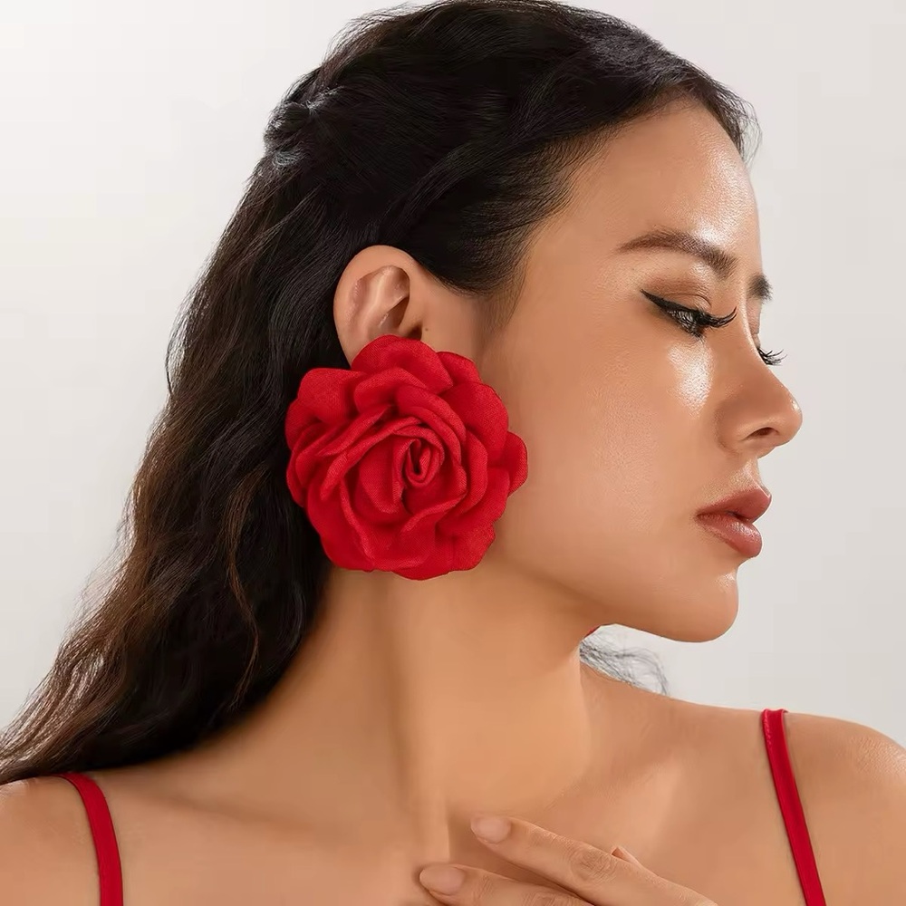 Elegant Blooming Red Rose Earrings - Picture 3 of 5